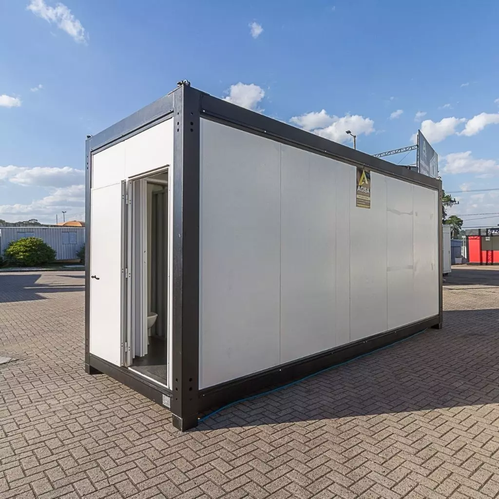 Container banheiro modular disponível para aluguel — ideal para obras e eventos.