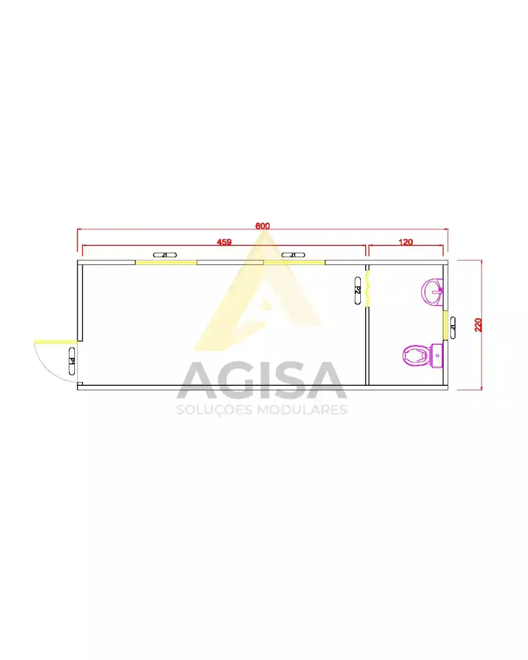 Escritório container modular para obras com banheiro integrado, fabricado pela AGISA com estrutura metálica reforçada e fechamento termoacústico. Ideal para uso temporário em canteiros de obras, oferece conforto, praticidade e instalação rápida, atendendo às normas NR-18 e NR-24.