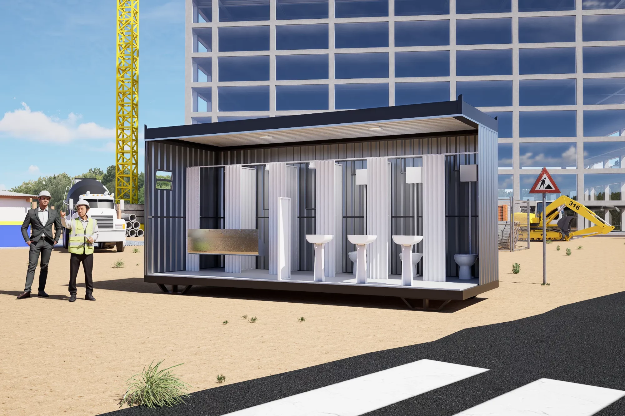 Container banheiro modular disponível para aluguel — ideal para obras